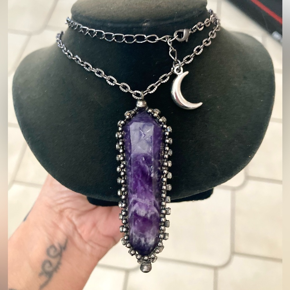 Genuine raw long amethyst crystal stone boho charm moon necklace - Picture 6 of 14